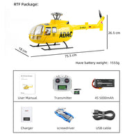 FLYWING BO105 RC軍用ヘリコプター 2.4G 6CH 470クラス ACEフライトコントローラー GPS定位 左右ハンドコントロール RTFバージョン イエロー