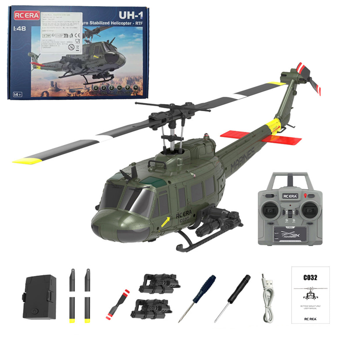C032 1/48スケール UH-1 Huey 2.4G 6CH フライバーレス RCヘリコプター（オプティカルフロー位置決め RTF版）