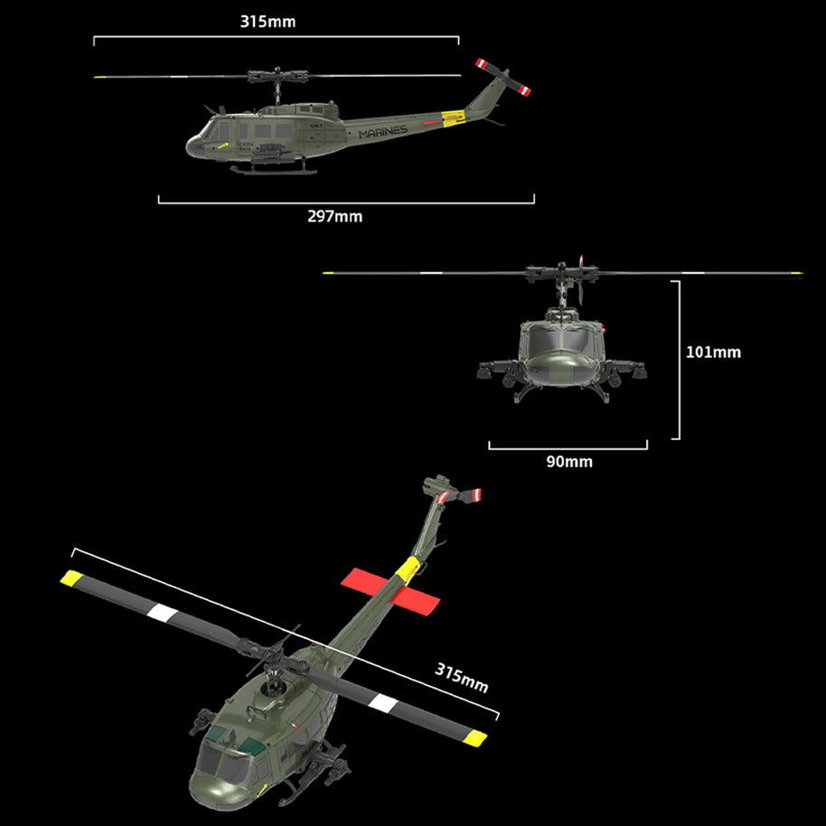 C032 1/48スケール UH-1 Huey 2.4G 6CH フライバーレス RCヘリコプター（オプティカルフロー位置決め RTF版）