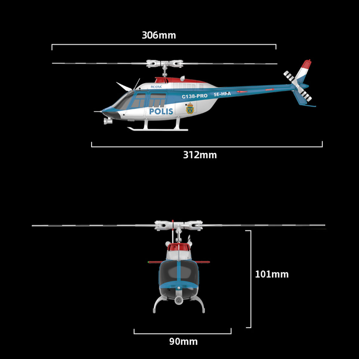 C138PRO 1/33スケール Bell206 2.4G 6CH フライバーレス 単ローターRCヘリコプター（ワンタッチ逆飛行 RTF版/警察塗装）