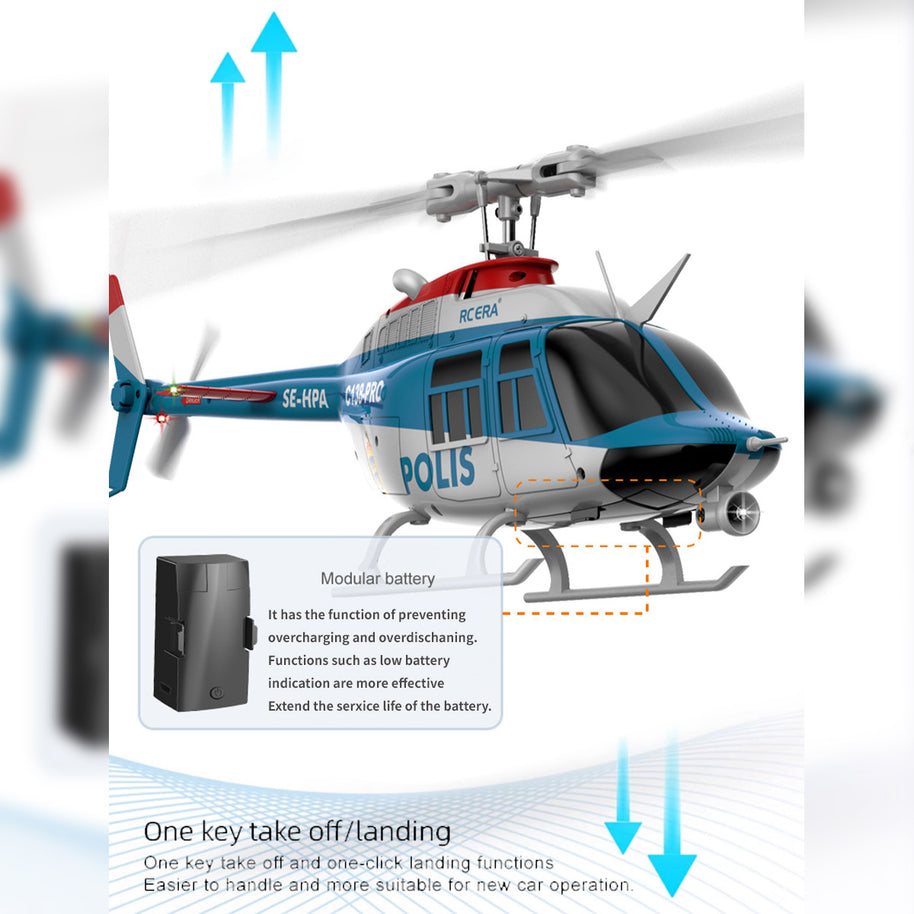 C138PRO 1/33スケール Bell206 2.4G 6CH フライバーレス 単ローターRCヘリコプター（ワンタッチ逆飛行 RTF版/警察塗装）