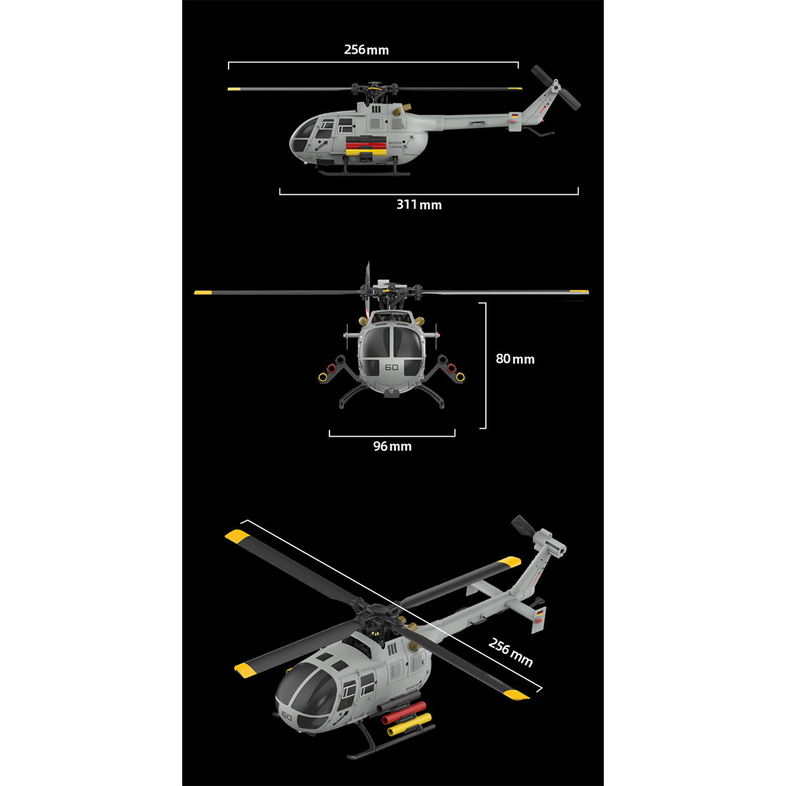 C186S BO105 1/48スケール 2.4G 6CH RCヘリコプター｜フライバーレス 高度保持 ミサイル架台付き（RTF/グレー）