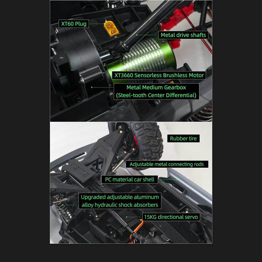 1/10スケール 2.4GHz 4WDブラシレスRCトラック 全地形 高速オフロードカー ジャイロ安定 金属ドライブトレイン LEDライト RTR