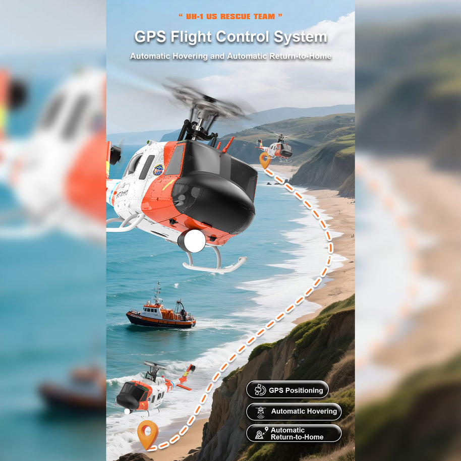 WOLFBUSH×YU XIANG F07S UH-1 Huey 1/34 スケール RC ヘリコプター GPS 搭載 8CH ブラシレス直駆 6G 無ブレード 白救助塗装 RTF 版