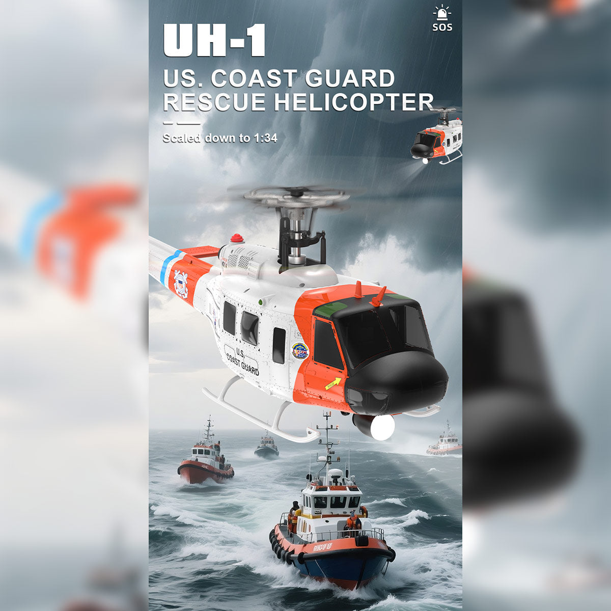 WOLFBUSH×YU XIANG F07S UH-1 Huey 1/34 スケール RC ヘリコプター GPS 搭載 8CH ブラシレス直駆 6G 無ブレード 白救助塗装 RTF 版