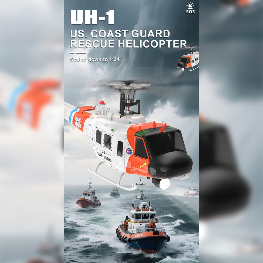 WOLFBUSH×YU XIANG F07S UH-1 Huey 1/34 スケール RC ヘリコプター GPS 搭載 8CH ブラシレス直駆 6G 無ブレード 白救助塗装 RTF 版