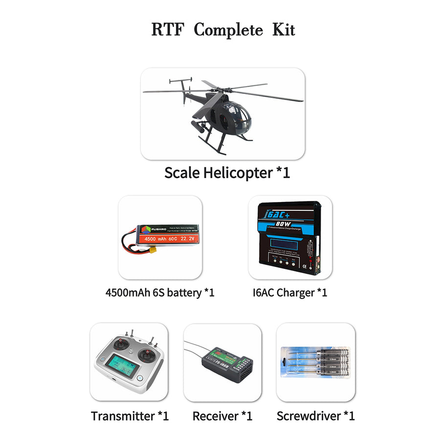 FL500 AH-6 500-Class 2.4G 6チャンネルスケール RCヘリコプターモデル（FLISHRC L7飛行コントローラー・4方式測位GPS対応｜RTF/マットブラック仕様）