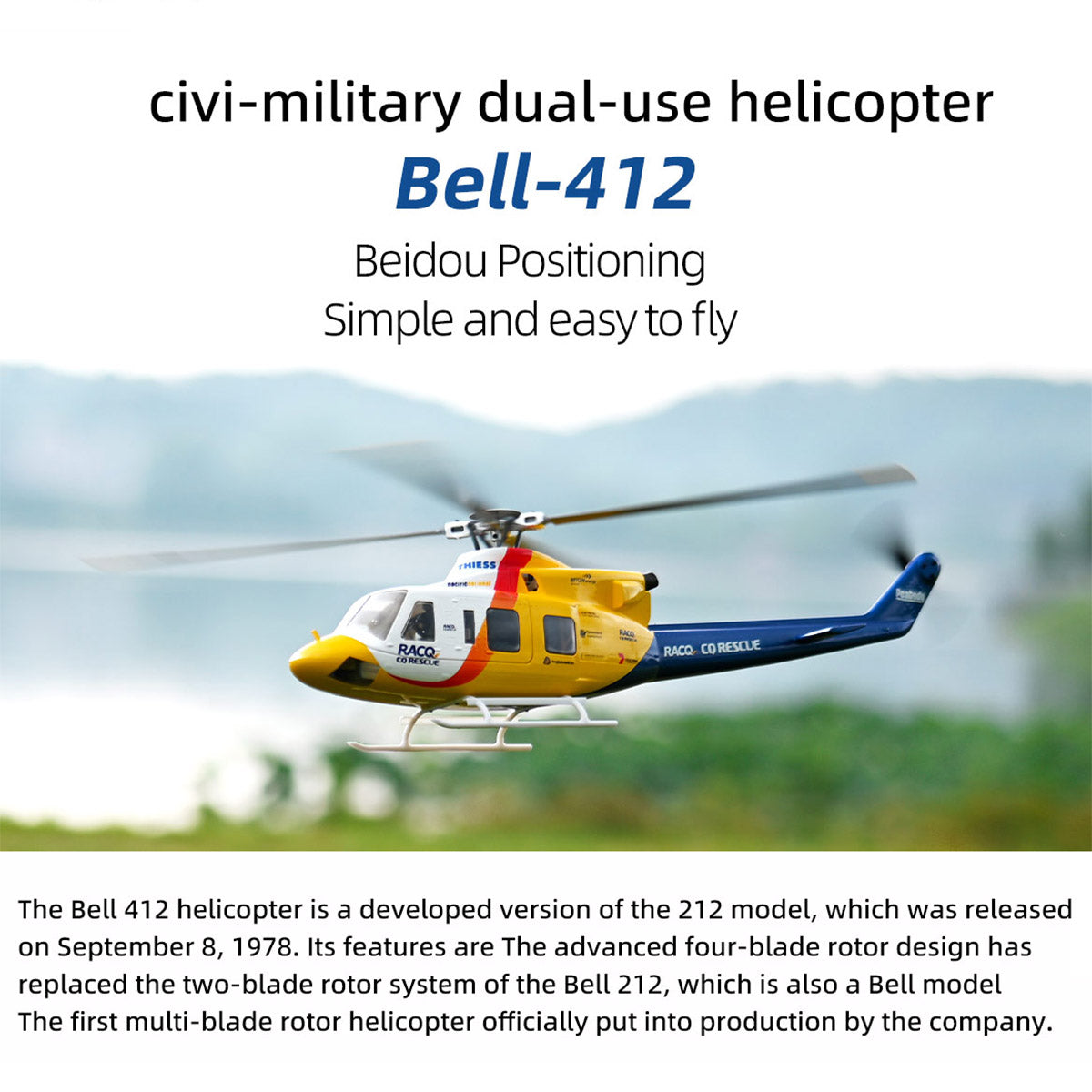 FLYWING BELL-412 470クラス RC軍用ヘリコプター 2.4G 6CH GPS搭載 クイックデタッチプロペラ RTF版 Model1/Model2切替