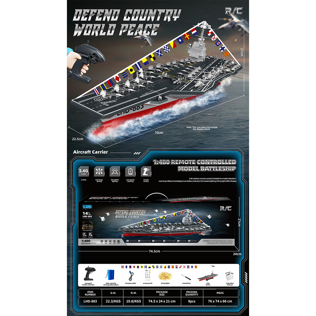 LHD-883 1/480 RC空母ボート 2.4GHz デュアルモーター 防水 LEDライト ローバッテリー保護 RTR