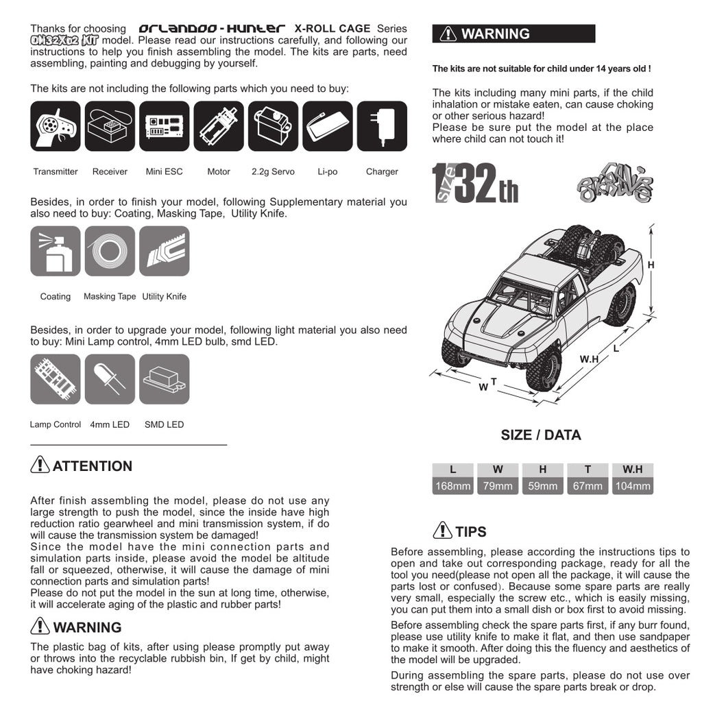 OH32X02 1/32 RWD 2.4G RC電動ストレートブリッジオフロードショートトラック キットバージョン