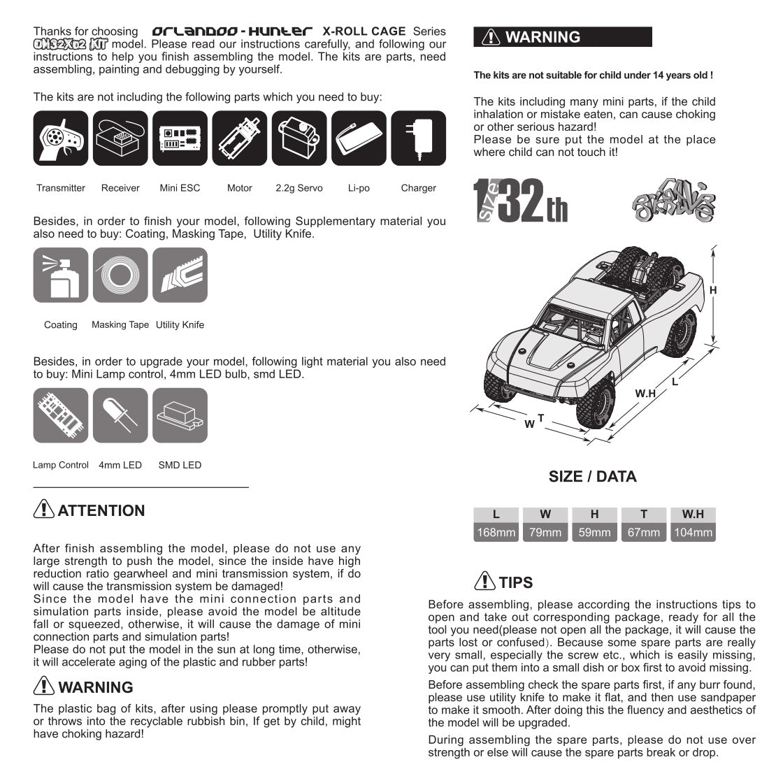 OH32X02 1/32 RWD 2.4G RC電動ストレートブリッジオフロードショートトラック キットバージョン