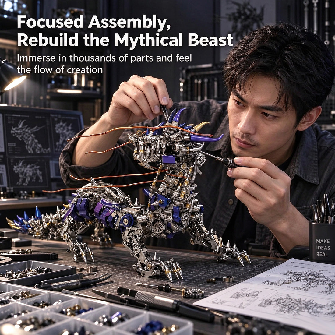 Punkbuild スチームパンク機械龍 金属組立キット LED ライト付き 可動関節 1623 ピース