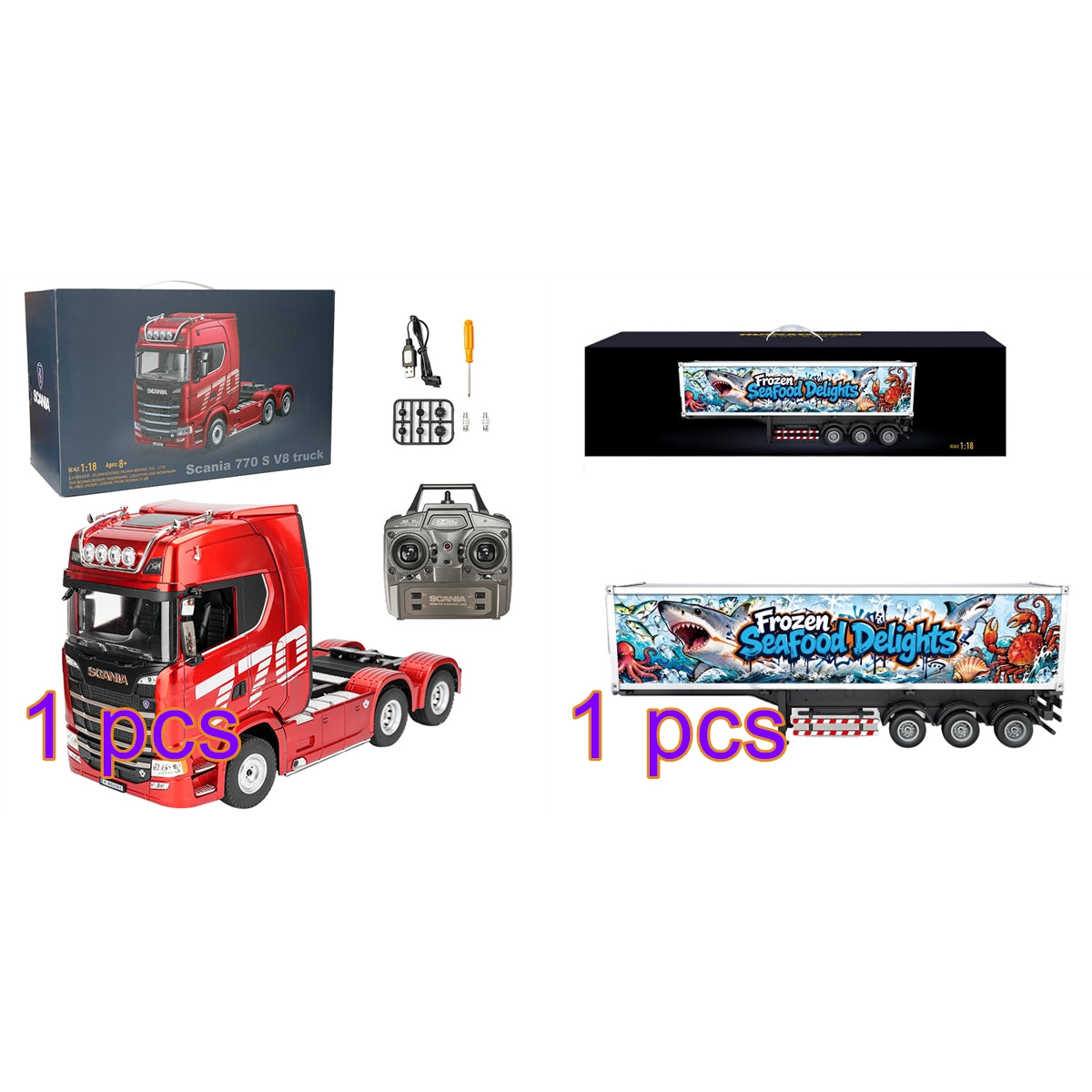 1/18 6x4 770S ヘビーデューティー RC トラクタートラック＋冷凍コンテナトレーラーセット