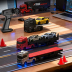 1/64スケールのRCトラクタートラック（セミフラットベッドトレーラーと貨物コンテナ付き）