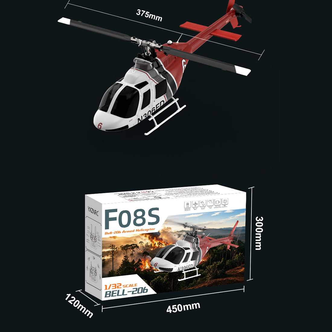 YU XIANG F08S 1/27 スケール Bell206 オプティカルフロー＋GPS測位 Mode1/Mode2 切替 RTF | 技適番号：【219-239056】