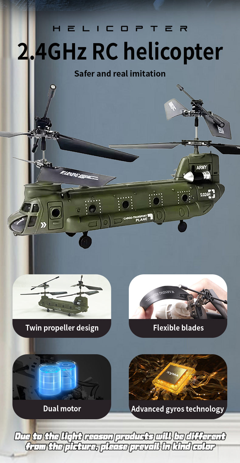 S026H デュアルローター輸送機 2.4G RC 3CH デュアルローター軍用航空機モデル（RTF版/軍用グリーン）