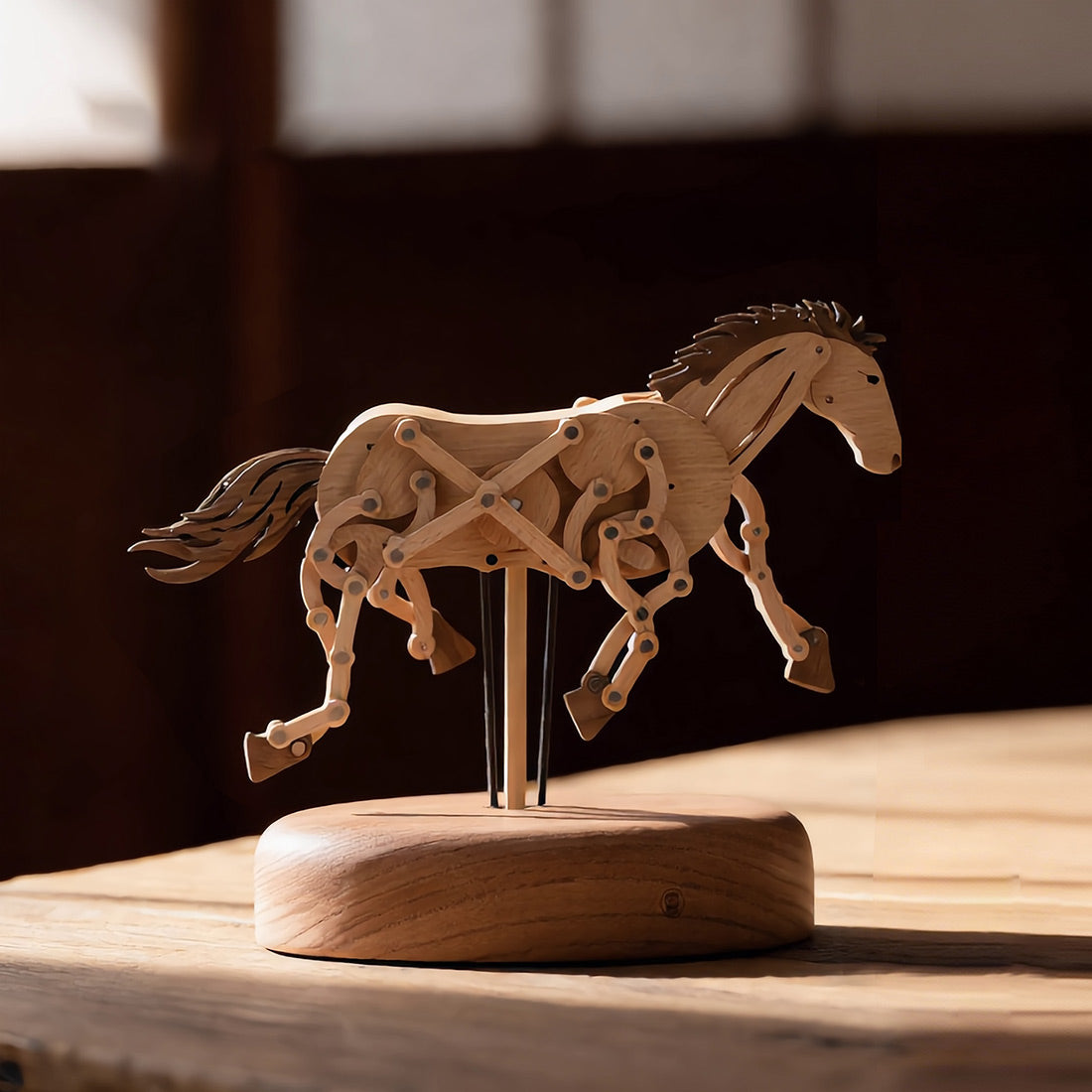 千里馬 木製メカニカルオートマトン 完成品 可動彫刻 露出ギア構造 卓上インテリア ストレス解消置物（オルゴール非搭載）