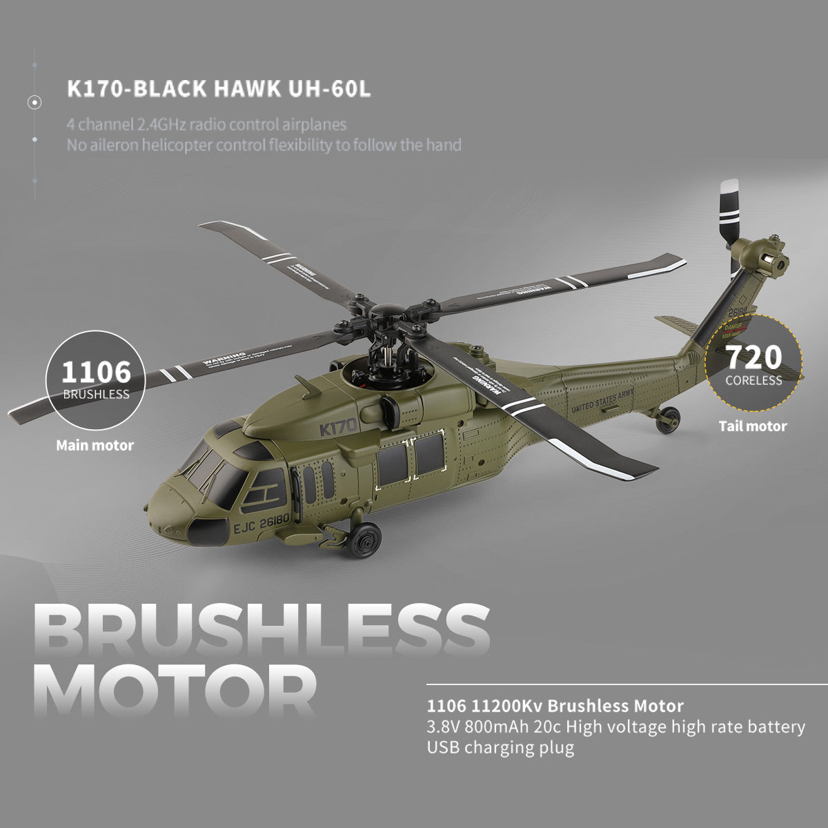 WL-K170 UH-60L 170サイズ 2.4G 4CH フライバーレス RCヘリコプター（左右スロットル調整 RTF版）