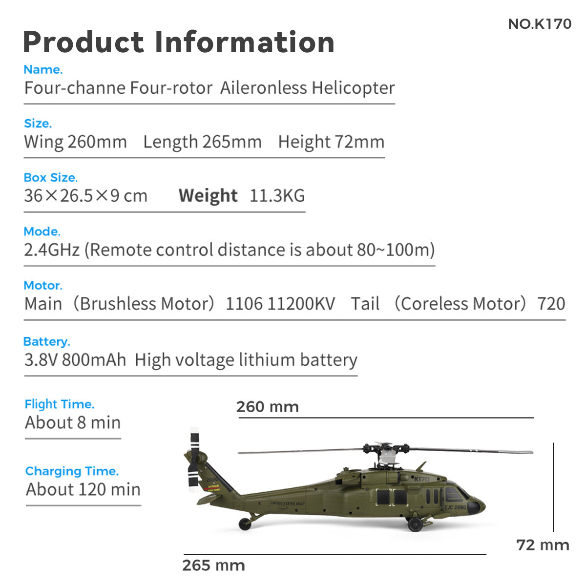 WL-K170 UH-60L 170サイズ 2.4G 4CH フライバーレス RCヘリコプター（左右スロットル調整 RTF版）
