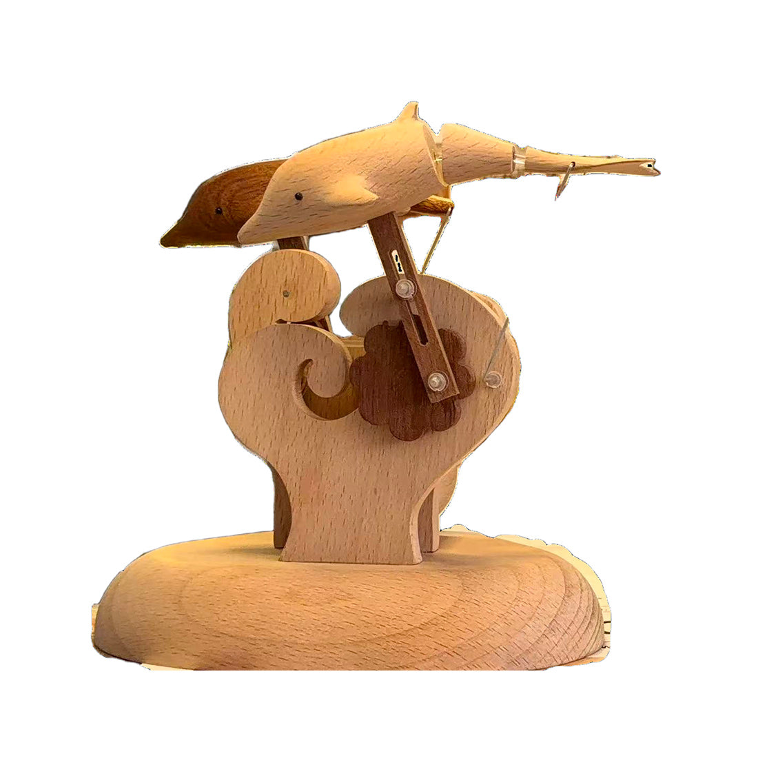 天然木ハンドクラフト 双イルカメカニカルオートマトン 可動彫刻 充電式デスクインテリア ストレス解消 完成品