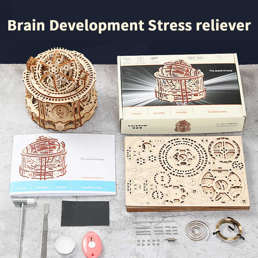 トゥールビヨンタイマー 3D 木製組立キット ぜんまい駆動メカニカル伝動 接着剤不要  DIY モデル 卓上置物 贈り物