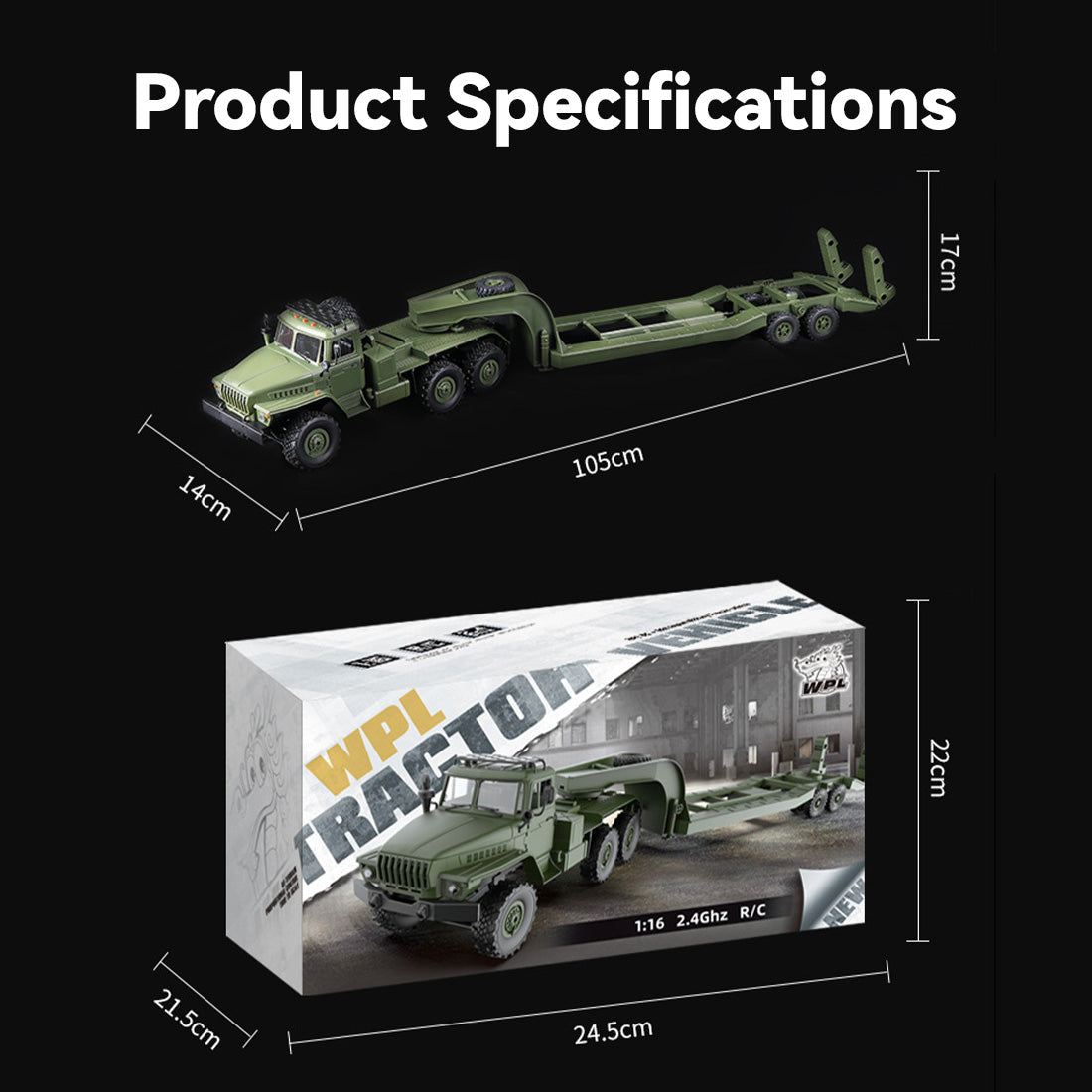 WPL B36-3 2.4G 1/16全プロポーショナルRC軍用トレーラー 2個バッテリー 軍用グリーン 5KM/h