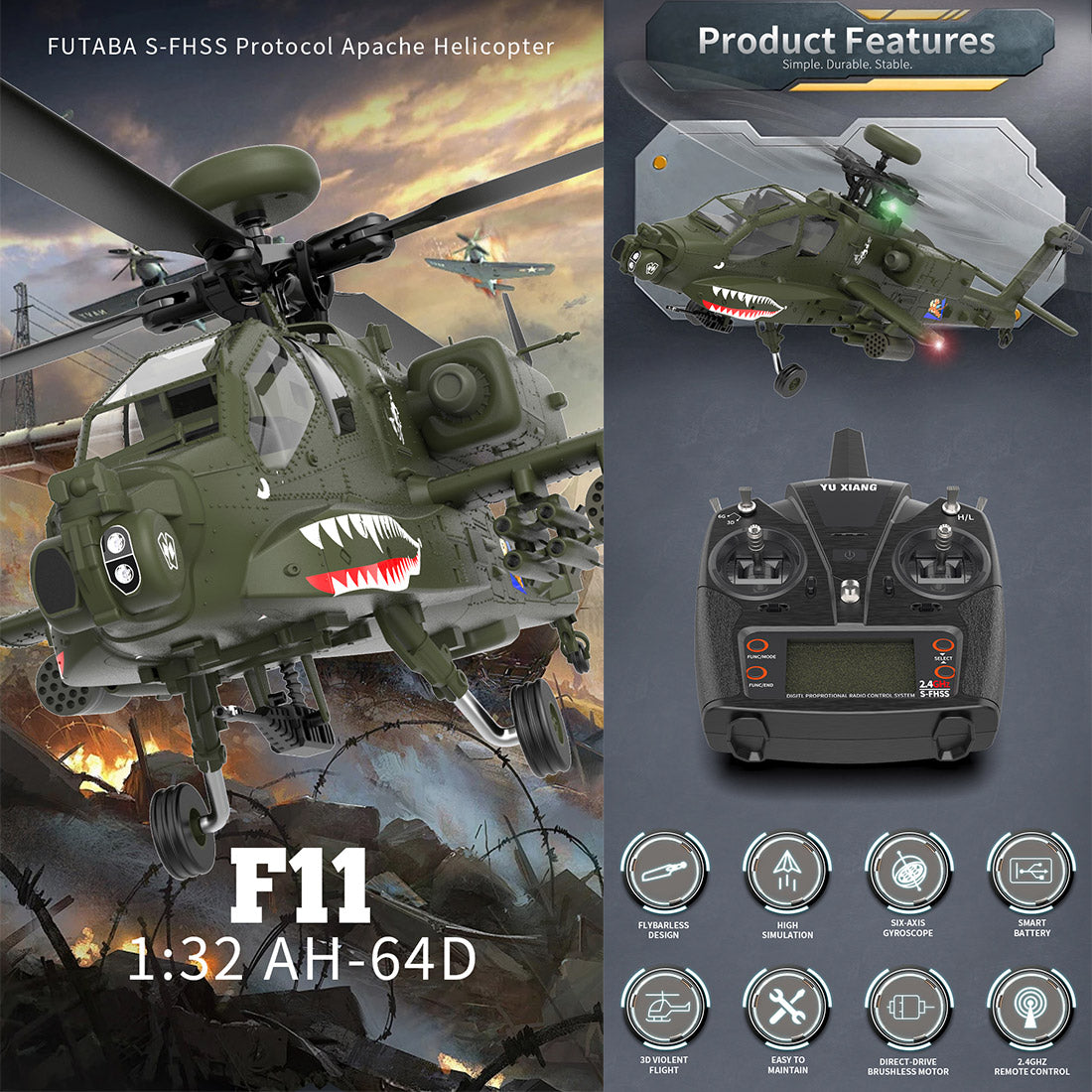 RTRHOBBYJP｜YU XIANG F11 1/32 AH64アパッチ 8CHブラシレス 6G/3D