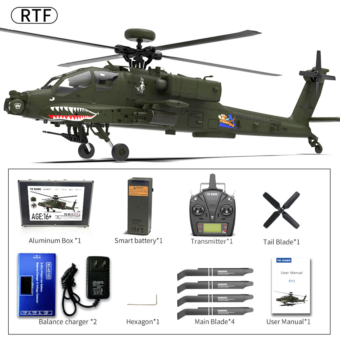 RTRHOBBYJP｜YU XIANG F11 1/32 AH64アパッチ 8CHブラシレス 6G/3D