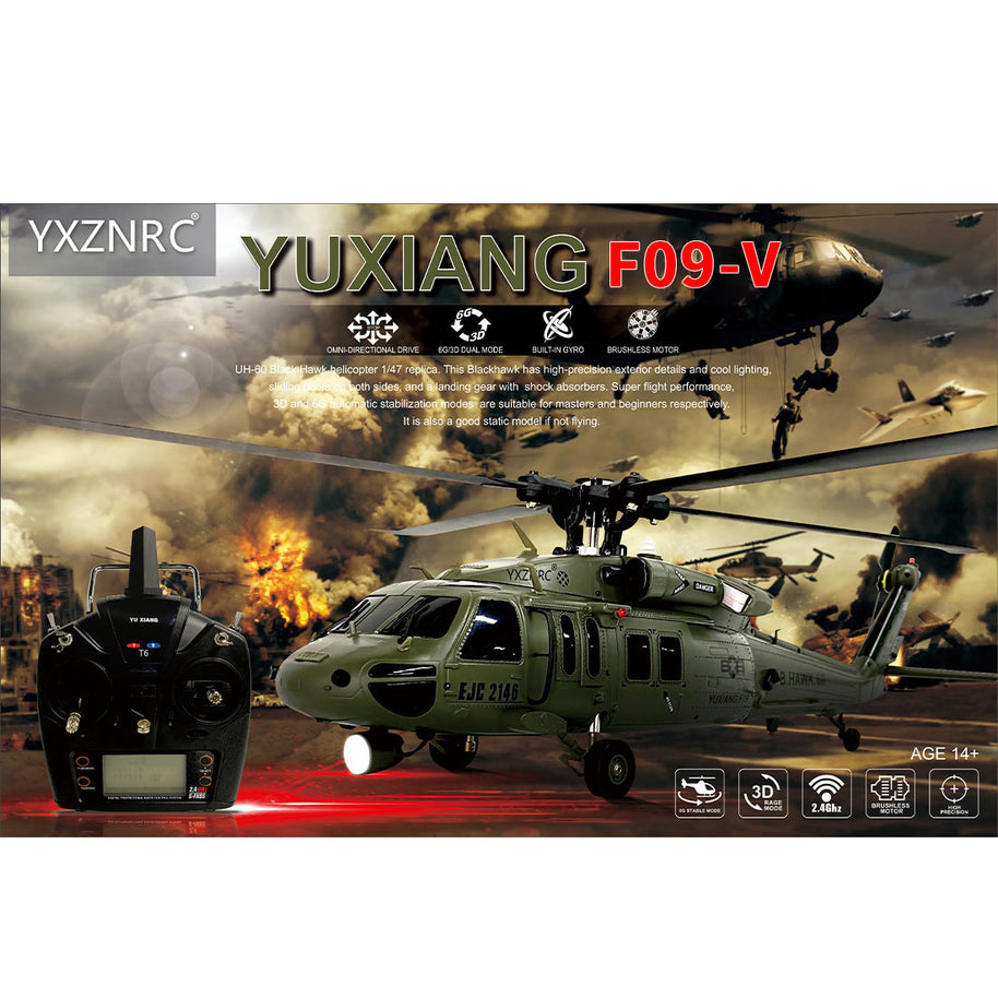YU XIANG YXZNRC F09-V 1/47スケール 2.4G 6CH RCデュアルブラシレスダイレクトドライブ フライバーレス 6G/3Dスタント ヘリコプターモデル（RTF版）