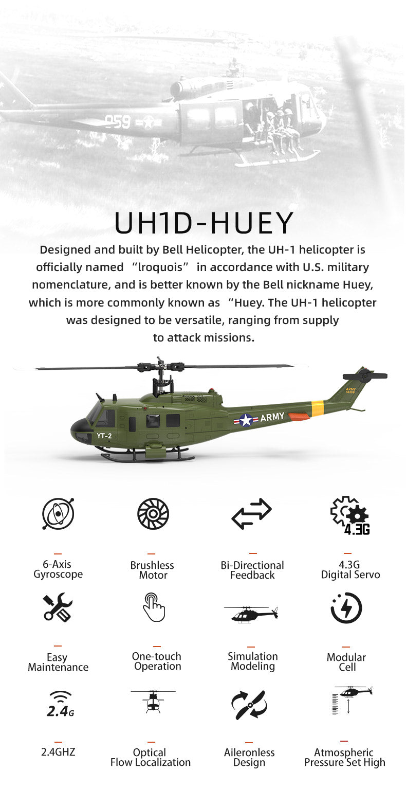 YU XIANG F07 UH-1 Huey 1/34 Scale RC Helicopter, 6-Channel Brushless Direct Drive, 6G Bladeless, Optical Flow Positioning, Mode 1/2 Switching, RTF Version