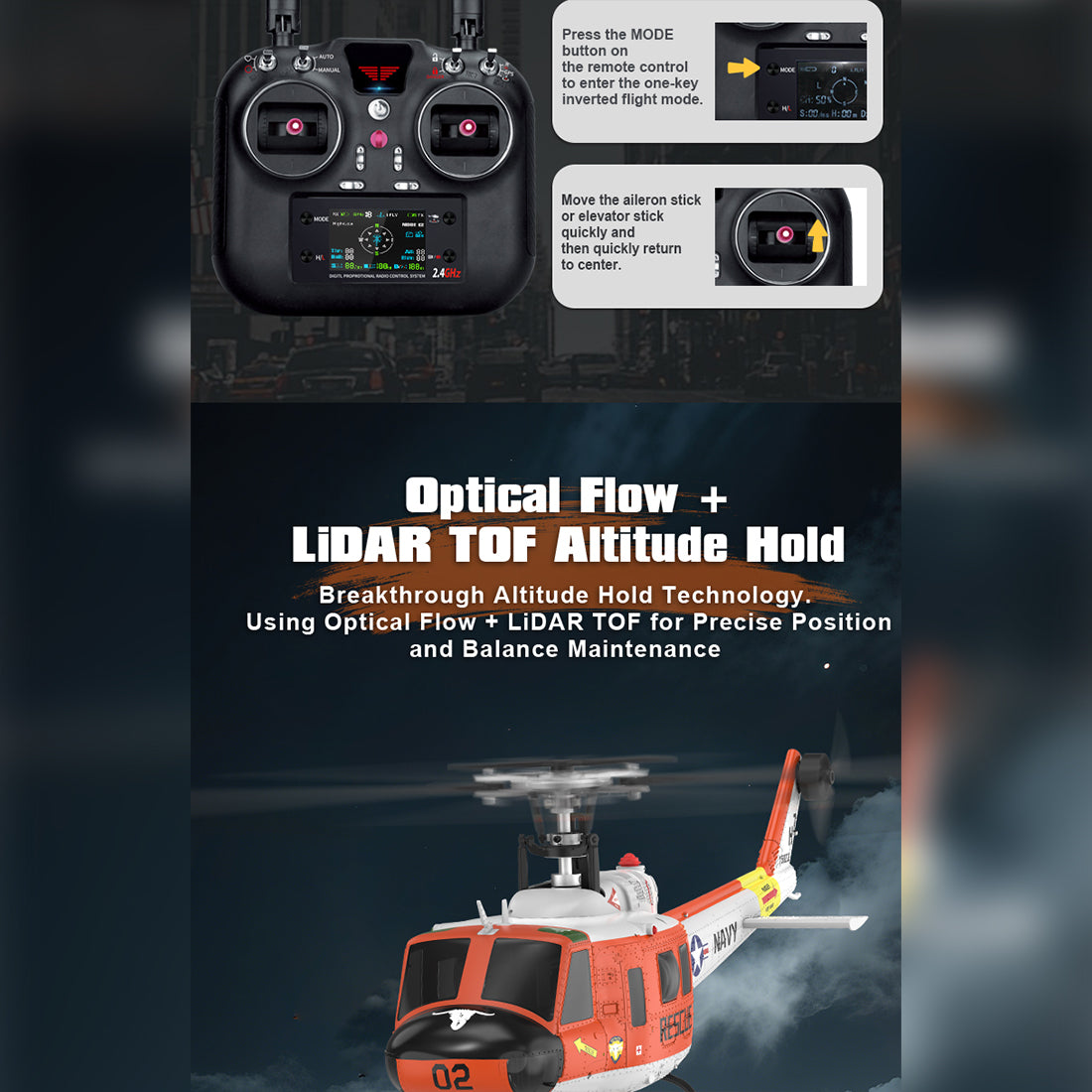 YU XIANG F07H UH-1ヘリ｜1/34スケール 8CHブラシレス直駆動 GPS・光学測位 6Gフライバーレス 多機能スマート飛行 RTF |RTRHOBBYJP