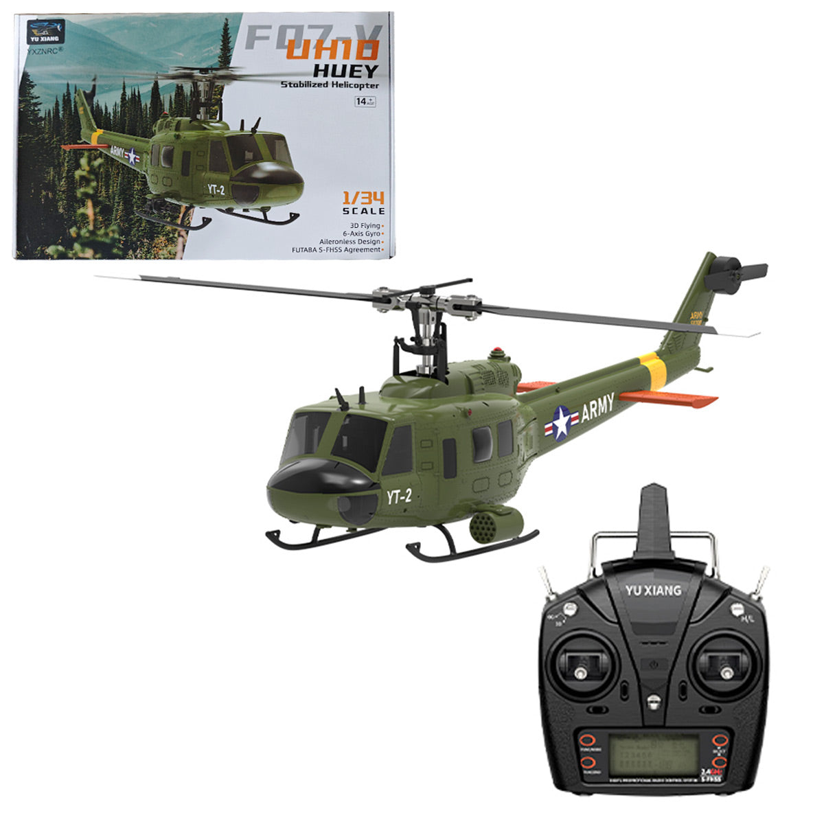 YU XIANG F07-V UH-1 Huey 1/34 Scale RC Helicopter, 6-Channel Brushless Direct Drive, Bladeless, Mode 1/2 Switchable, RTF Version
