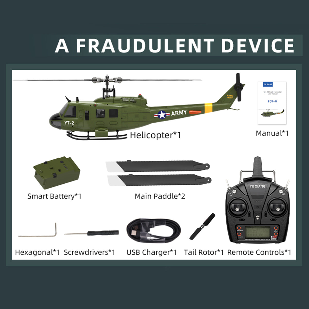 YU XIANG F07-V UH-1 Huey 1/34 Scale RC Helicopter, 6-Channel Brushless Direct Drive, Bladeless, Mode 1/2 Switchable, RTF Version