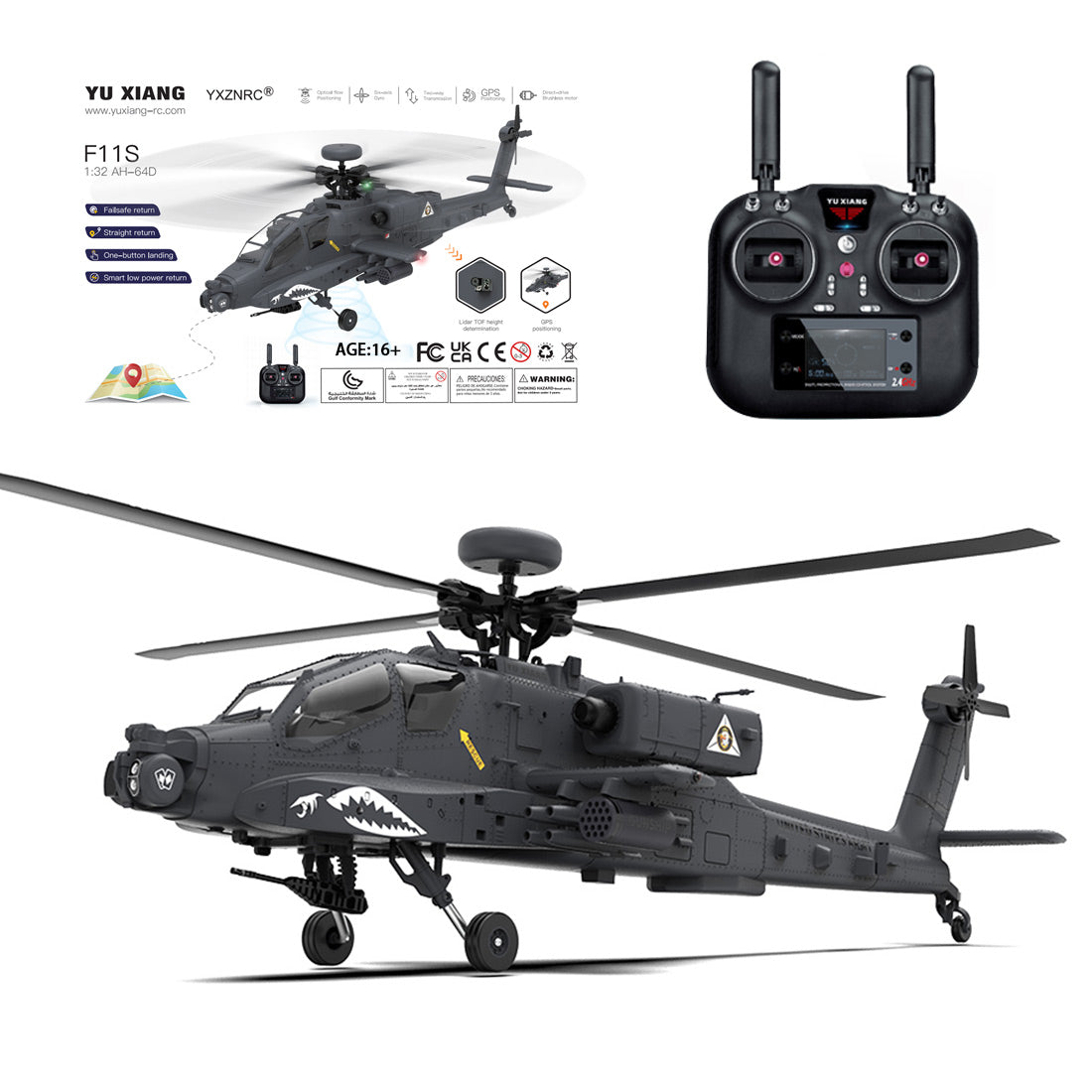 YU XIANG F11-S AH64 1/32 スケール RC ヘリコプター GPS 搭載 6CH 6G/3D スタント 同軸共駆 無ブレード アパッチ RTF スマート版