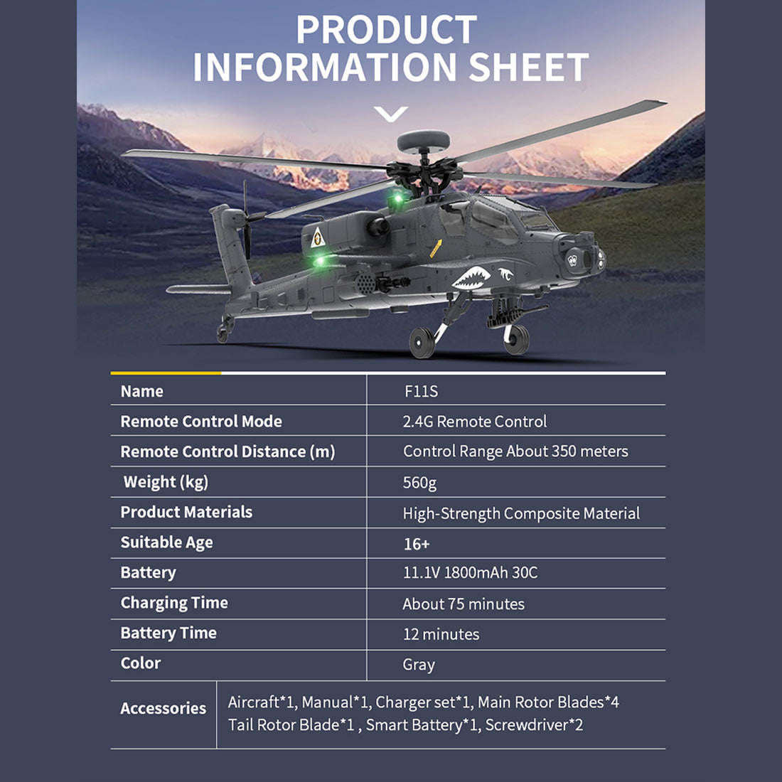 YU XIANG F11-S AH64 1/32 スケール RC ヘリコプター GPS 搭載 6CH 6G/3D スタント 同軸共駆 無ブレード アパッチ RTF スマート版